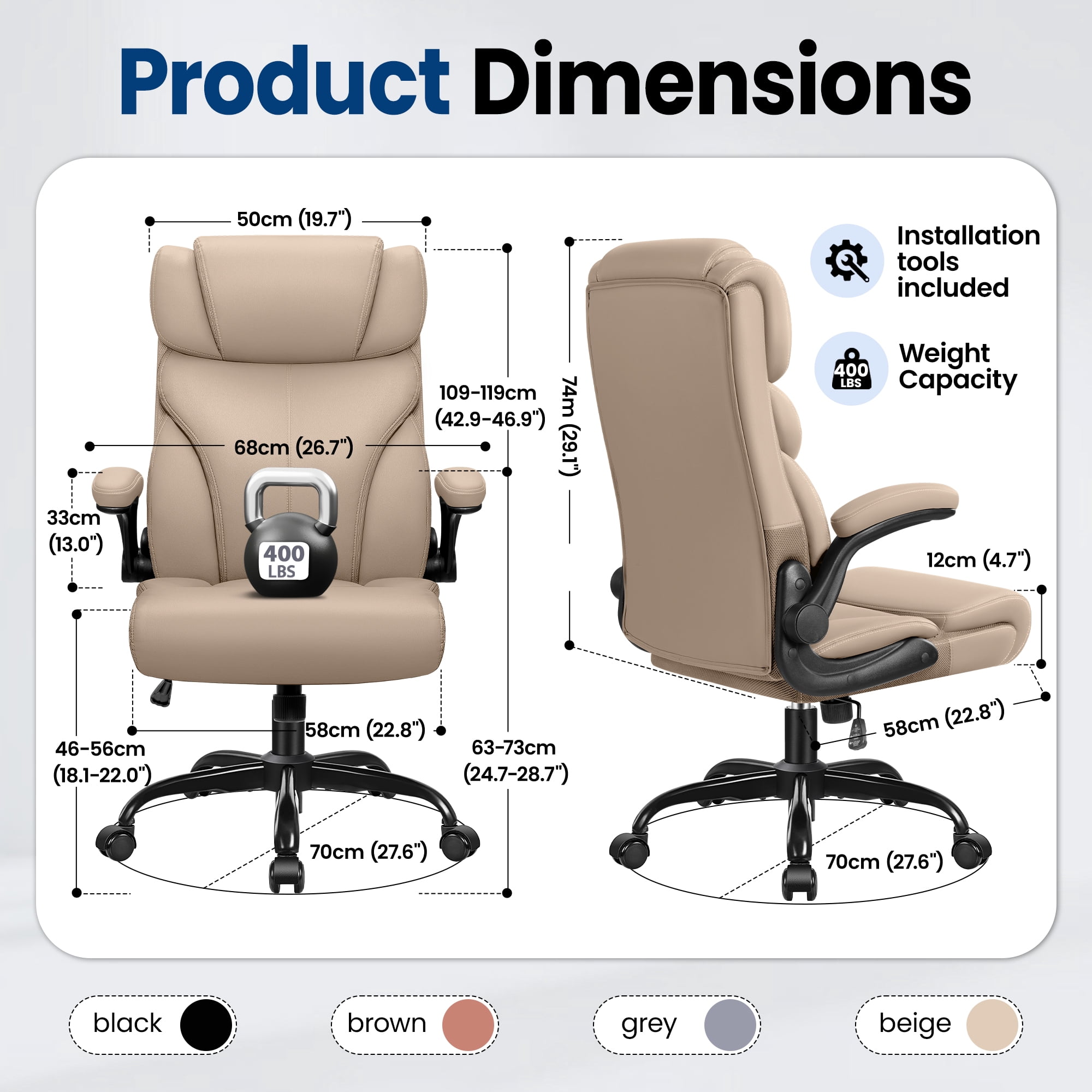 STACOO High Back Executive Office Chair 400lbs, Big and Tall Ergonomic Desk Chair with Lumbar Support & Flip-up Armrests, PU Leather Swivel Chair with Adjustable Height – Beige