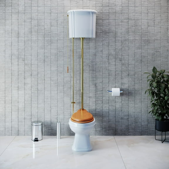 Ceramic High Tank Pull Chain Toilet White Elongated Brass | Renovator's Supply