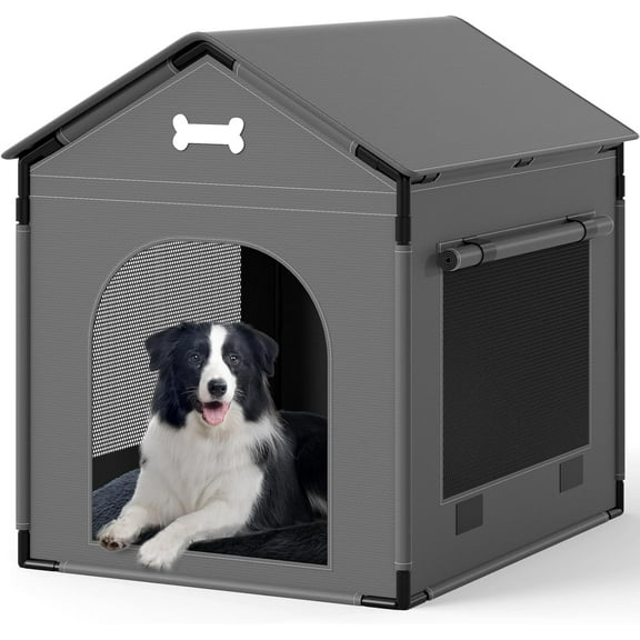 Large Dog House Indoor with Plush Cushion, Dog Kennel for Inside with Sturdy Frame, Waterproof Pet House Suitable for Small Medium Dogs, 27x21x27in, Gray