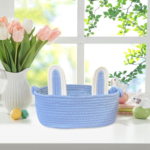 Voxware Easter Basket Bunny Bag Rabbit Ears Tote Candy Gift Portable Storage Handmade Cloth Rope Reusable Suitable for Children Gift Giving Easter Parties Hom blue