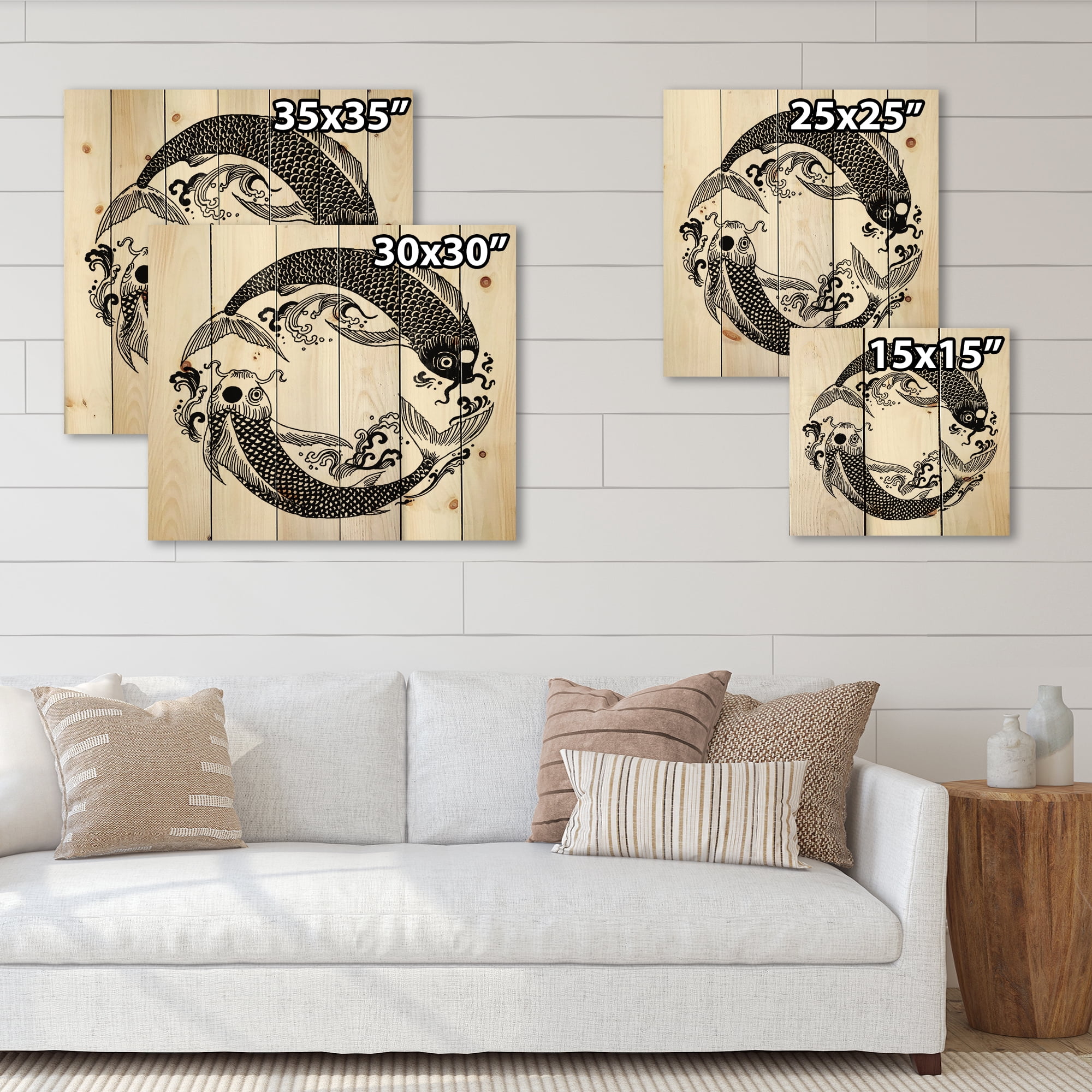 Designart 'China Koi Fish In Chinoiserie Style III' Nautical & Coastal Print on Natural Pine Wood