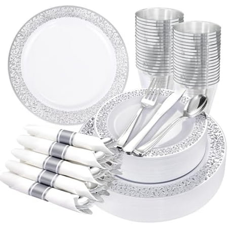 50 Guests Dinnerware Sets, Gold Plastic Plates，Platos Para Fiestas Elegantes Desechables Include:50 Dinner Plates, 50 Dessert Plate, 150 Pcs Gold Plastic Silverware, 50 Cups for Party