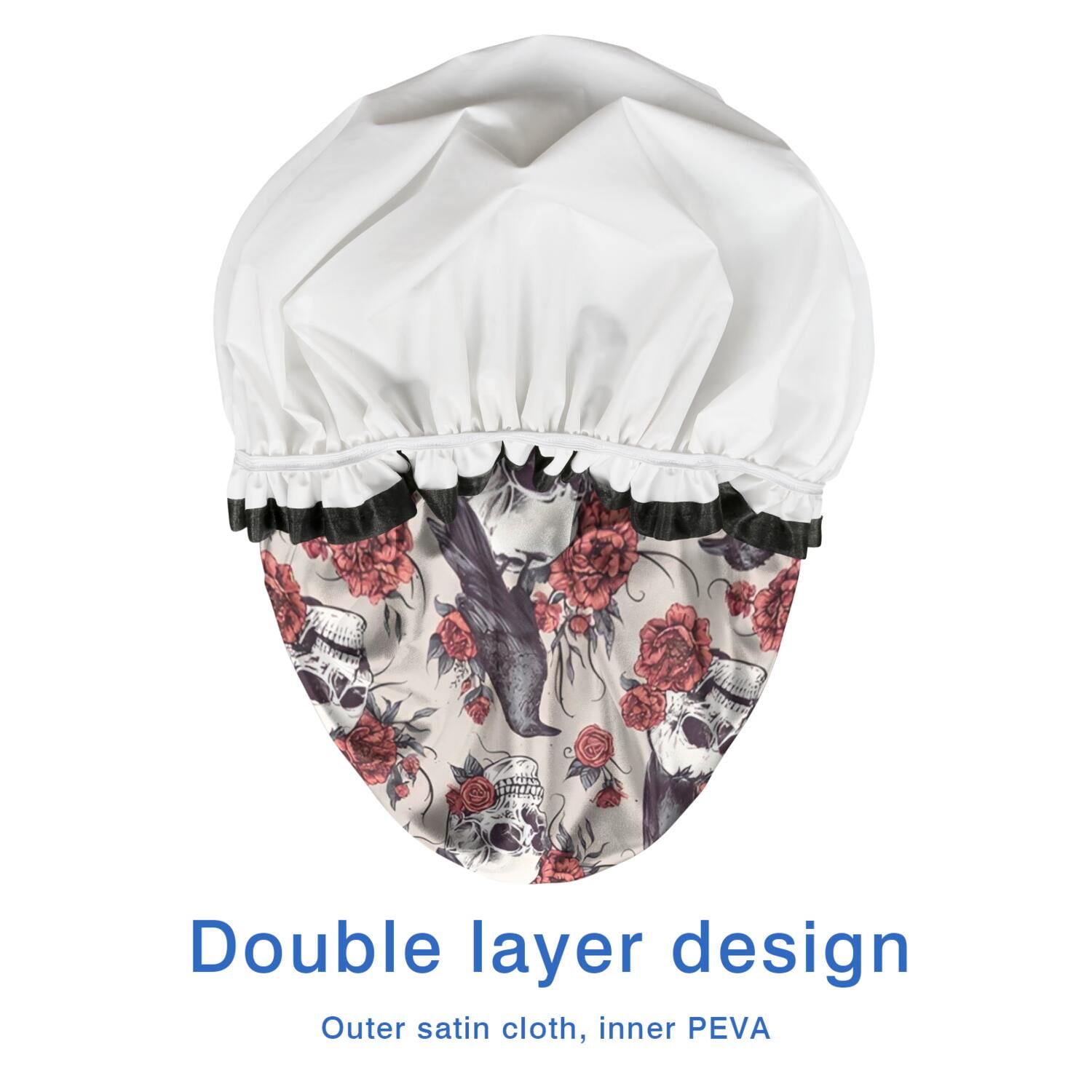 Shower Caps,Beige Skull Crow Flower Pattern Waterproof Shower Cap for Women 4 Pieces,Double Reusable Hair Cover for Shower PEVA Elastic Stretch Hem