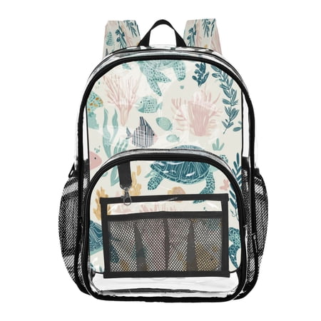 PVC Transparent Backpacks Clear Backpack for Travel and Outings Turtles and Sea Plants Pattern