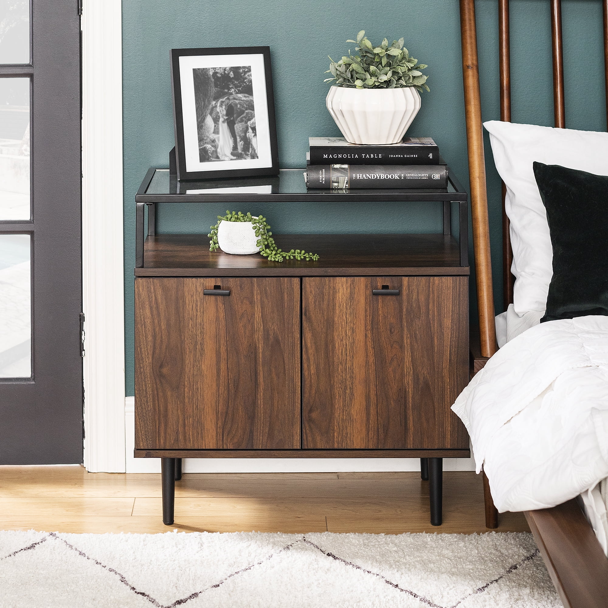 Manor Park Modern Glass Top Two-Door Nightstand, Dark Walnut
