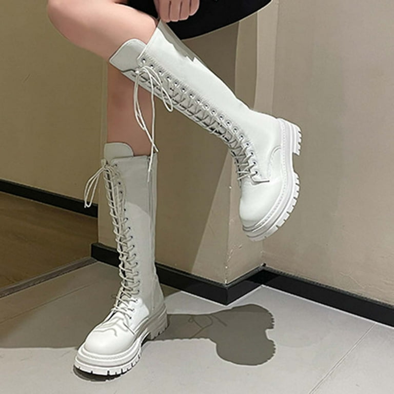 Ntacza Dress Ladies Boots Mid-Calf Motorcycle White Lace Up Chunky Side Zip Shoes Shoes Women 39, Women's