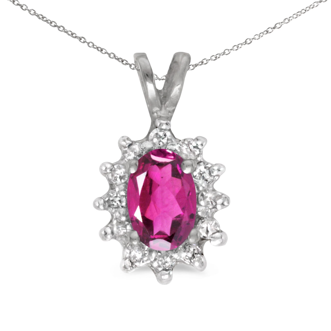 14k White Gold Oval Pink Topaz And Diamond Pendant with 18" Chain by