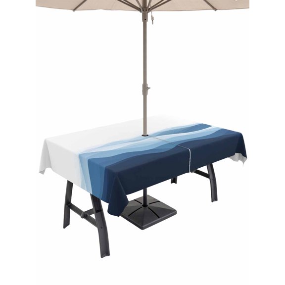 Outdoor Tablecloth with Umbrella Hole, Blue Ombre Spillproof Waterproof Outdoor Table Cover, Summer Minimalist Ocean Waves Patio Tablecloths for Party Picnic Camping, Rectangle 52"x70"