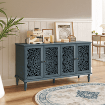 60" Antique Blue Buffet Cabinet with Floral Carvings, Solid Wood Legs, Antique Brass Handles, Adjustable Shelves, TV Stand for 65"  TVs, Sideboard for Living Room or Dining Room
