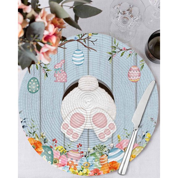 13 Inch Round Placemats Set of 4, Easter Non Slip Heat Insulation PP Table Mats, Spring Watercolor Bunny Eggs Flower Wood Grain Blue Washable Place Mats for Kitchen Dining Party Table Decor