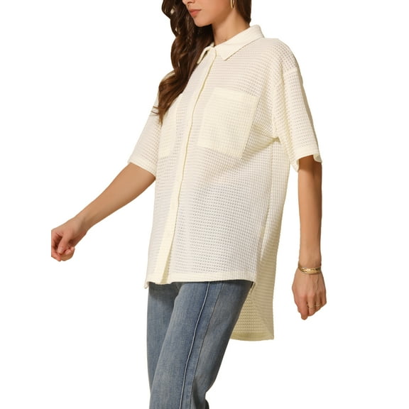INSPIRE CHIC Summer Casual Tunic Shacket Shirt for Women's Waffle Knit Half Sleeve Button Down Shirts Top XS Beige
