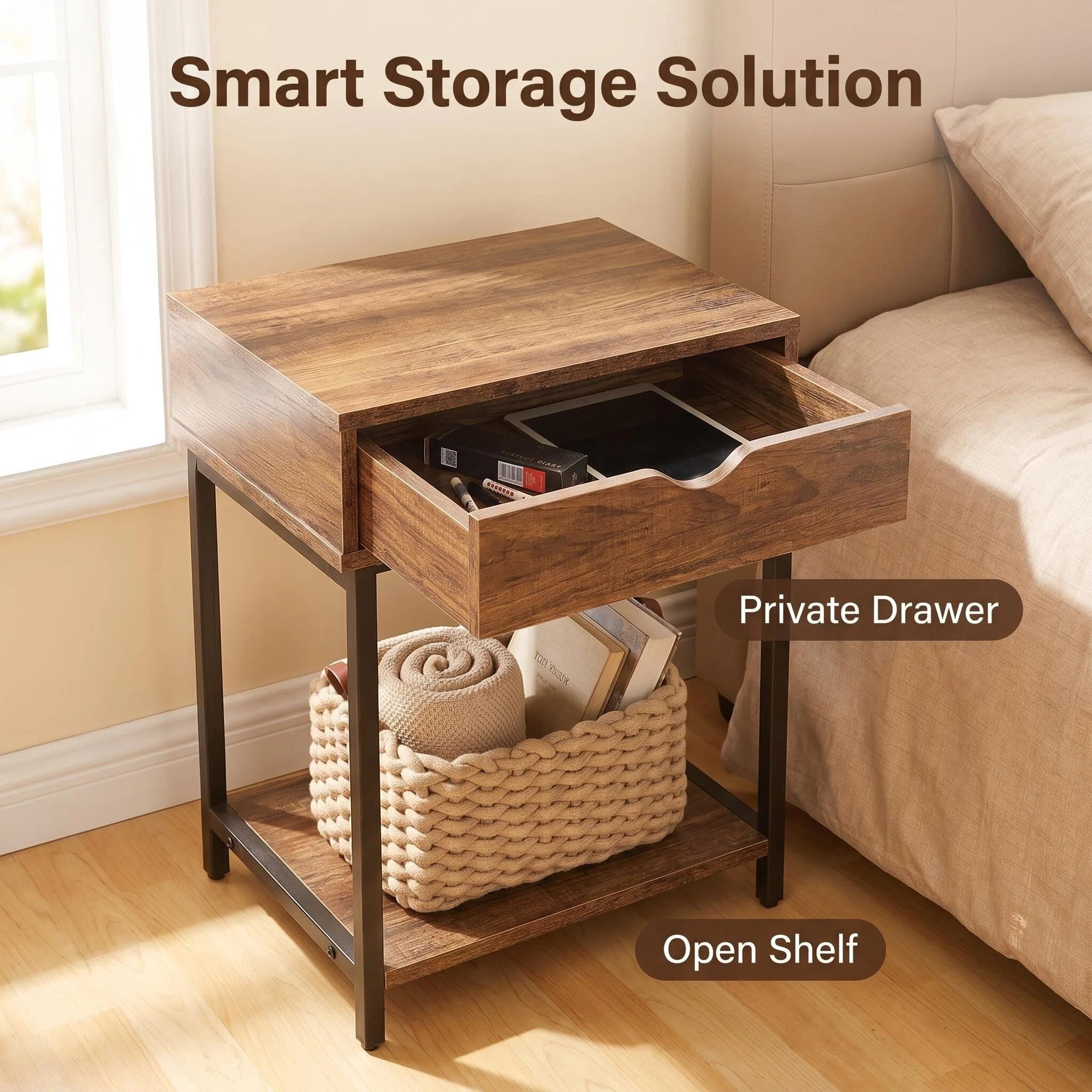JJS Side End Table, Nightstand, Bedside Table with Drawer and Storage Shelves, Sofa Table for Living Room, Bedroom, Accent Furniture, Easy Assembly, Brown