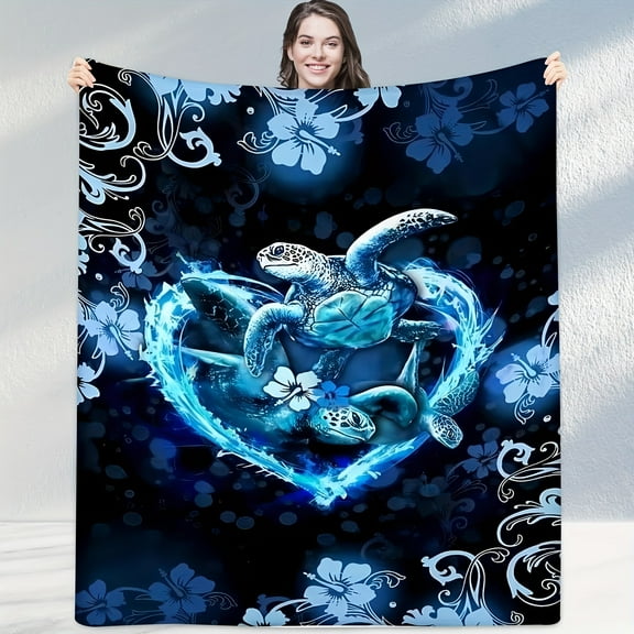1pc Sea Turtle Print Flannel Blanket, Soft Cozy Throw Blanket Nap Blanket For Travel Sofa Bed Office Home Decor, Birthday Holiday Gift Blanket For Boys Girls Adults, Available All Season