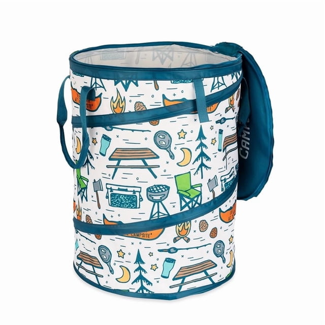 Camco Collapsible Container 42997 Life Is Better At The Campsite; Pop-Up Utility Container; Camping Theme Design; With Liner/Padded Carry Handles/Zipper Lid/Stake/Storage Bag