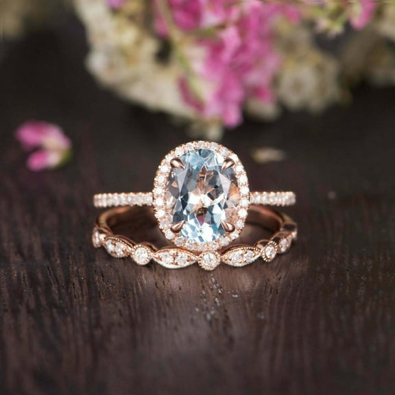 HeartsAndYou 2.1ct Natural Aquamarine & Diamond Bridal Wedding Set Ring 14k SOLID Rose Gold