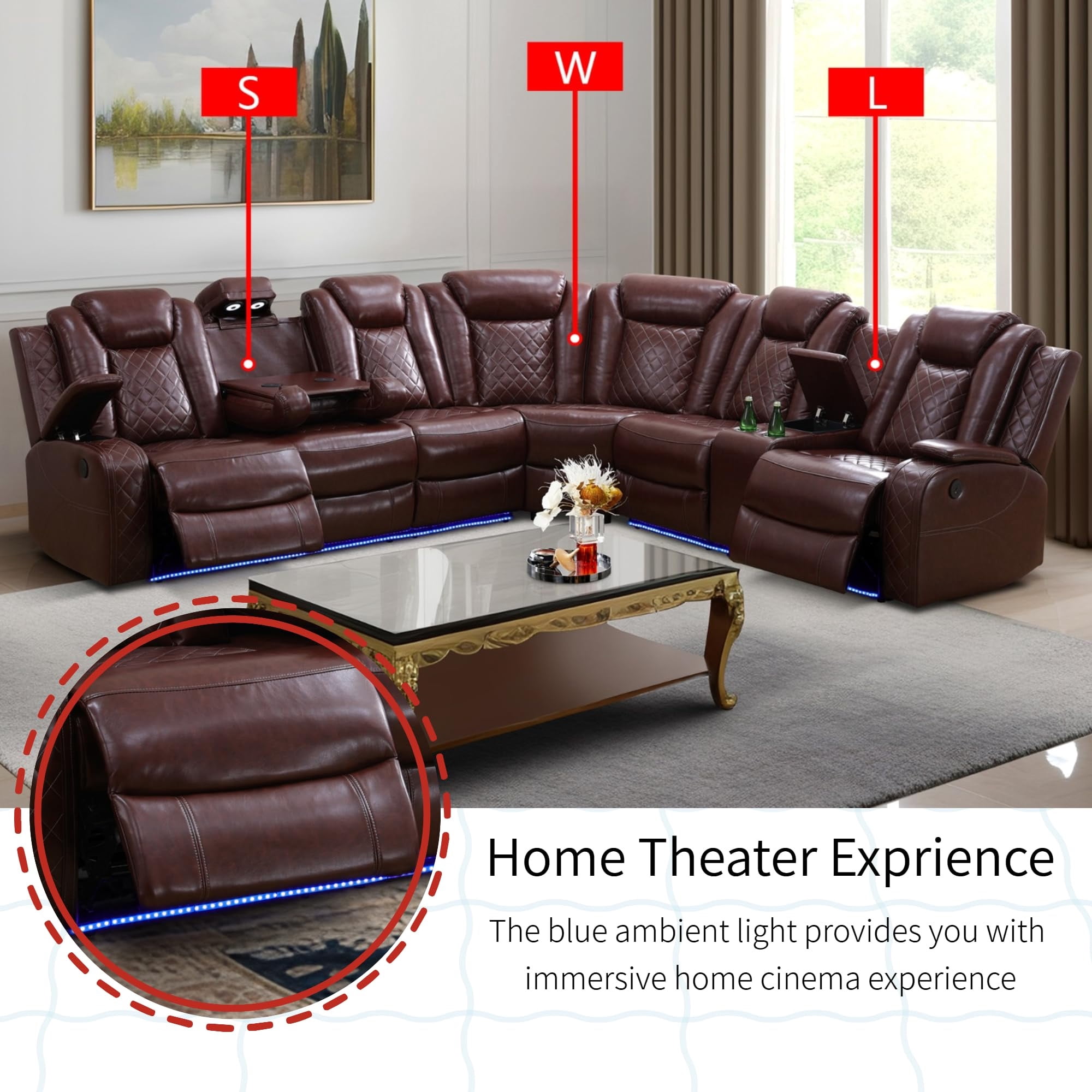 Aukfa 3-Piece Power Recliner Sofa Set 6 Seat Sectional Couch with LED Light, Cup Holders&Storage Console, Burgundy