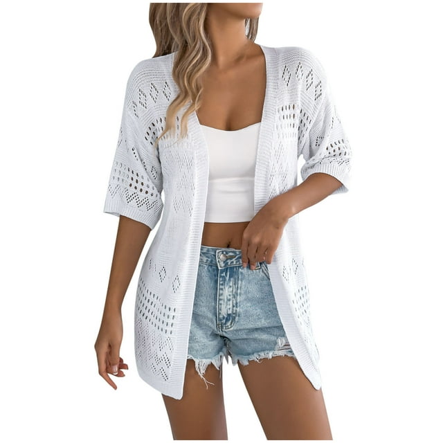 Timegard Womens Cardigan Hollow out Open Front 1/2 Sleeve Loose Comfy Crochet Cardigan Sweater Fall