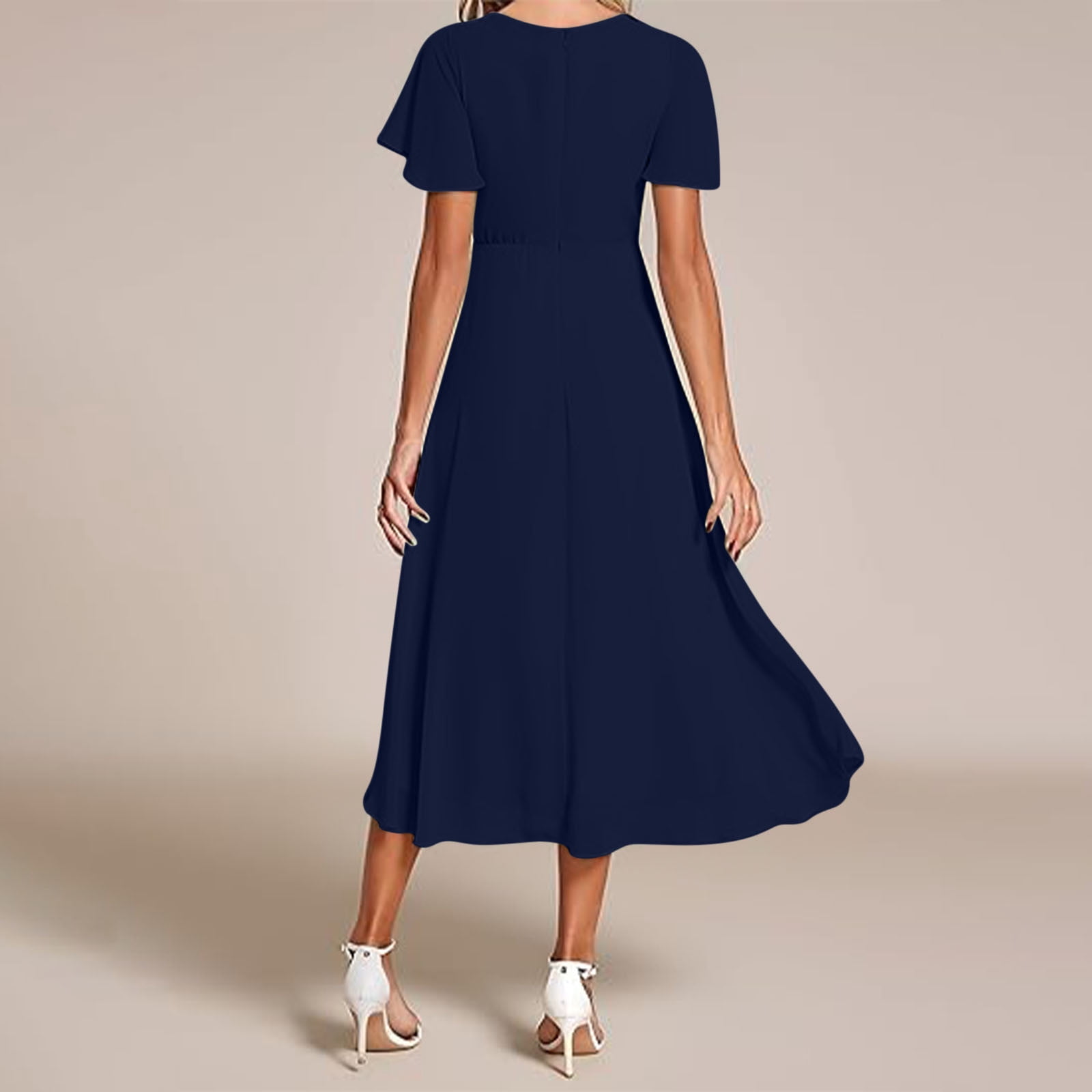 gljltg Women's Solid Color Ruffle Sleeves Pleated V-neck A-line Mid Length Short Sleeve Dress for Women, Girl, Spring, Summer, Suitable for Casual, Daily, Birthday, Dating, Dance