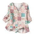 thumbnail image 5 of Women's Patchwork Floral 3/4 Sleeve Blouse - V-Neck Button Down Boho Tunic Top, Lightweight Casual Loose Fit Shirt for Spring Summer Pink L, 5 of 6
