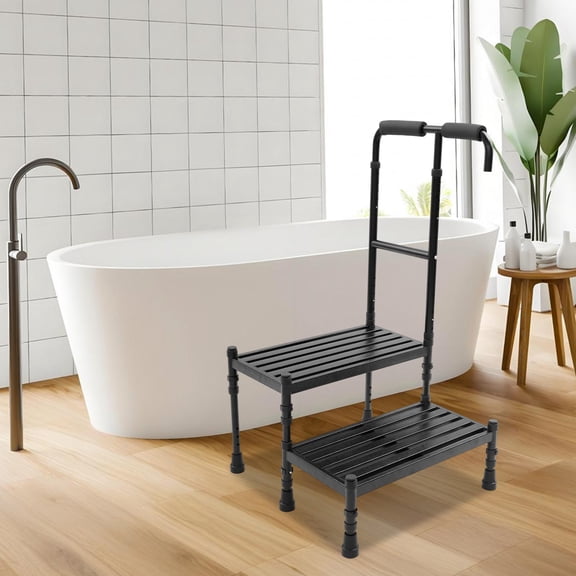 2 Steps Floor Standing Step Stool Adult Ramp with Handrail Metal Stepping Stool for Homes, Libraries