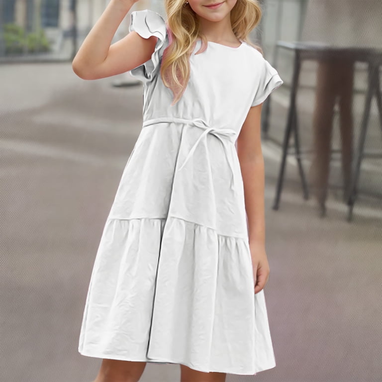 Faiwad Girls Summer Cotton Linen Dress Summer Ruffle Sleeve Smocked Tiered Casual Sundress with Drawstring 4-14 Years, Infant Girl's, Size: 9-10 Years