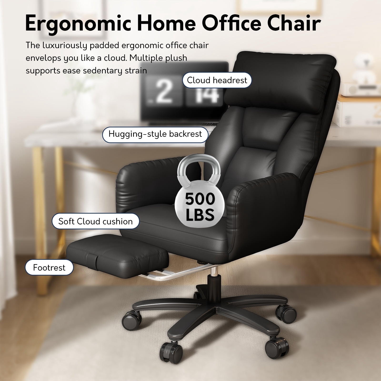 HomeZeer 500lbs Capacity Cross Legged Office Chair, Big and Tall Office Chair with Footrest, PU Leather Criss Cross Desk Chair with Reclining Back, Adjustable Arms & Wide Seat for Home Office, Black
