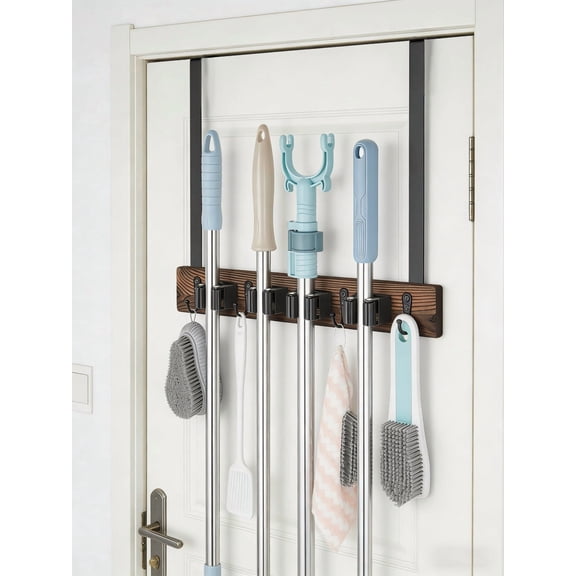 RYLZX Over The Door Mop Broom Holder Organizer Wall Mount Wood Broom Mop Hanger for Farmhouse Garage Home