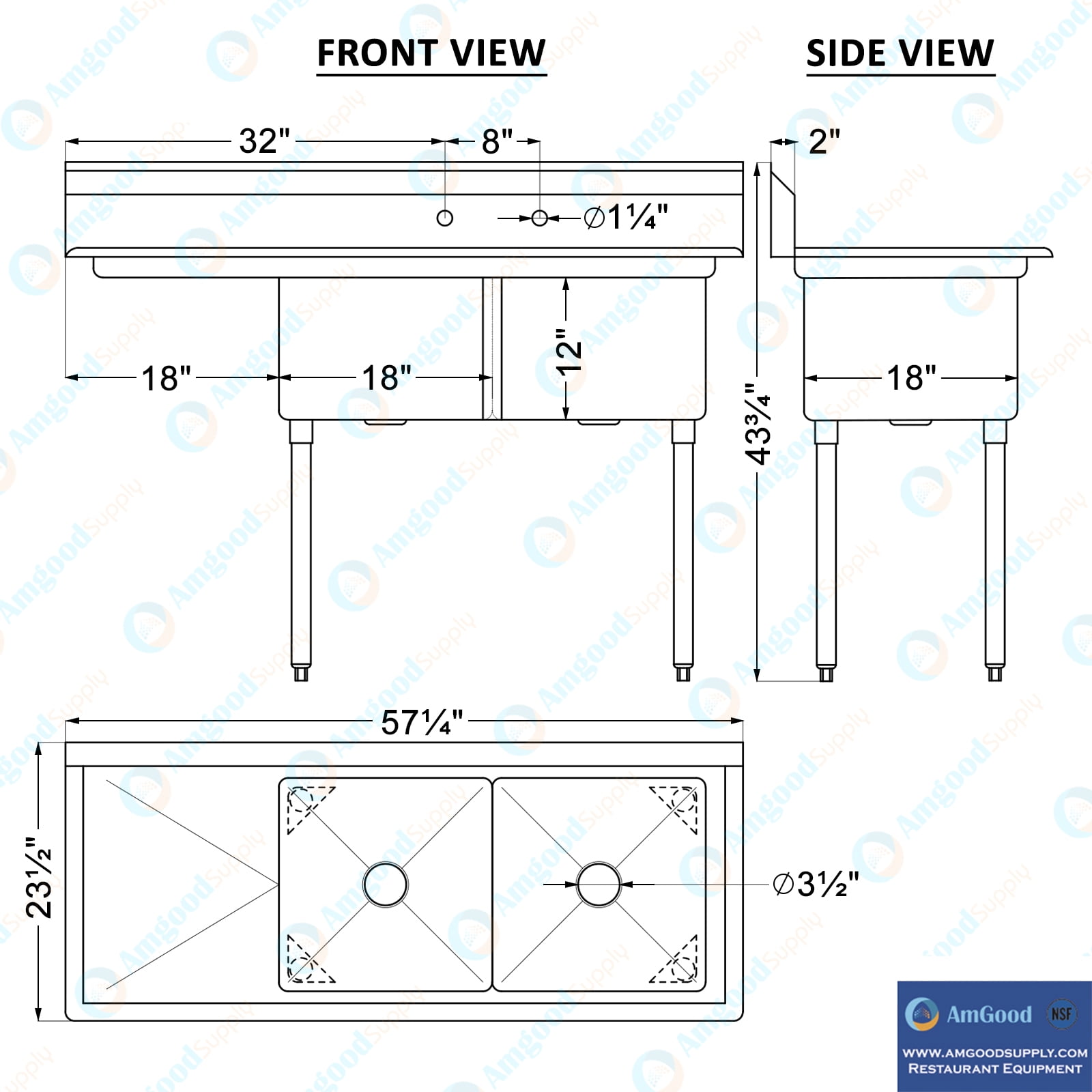 18″ x 18″ x 12″ with 18″ Left Drainboard Two Compartment Stainless Steel Commercial Kitchen Prep & Utility Sink | NSF