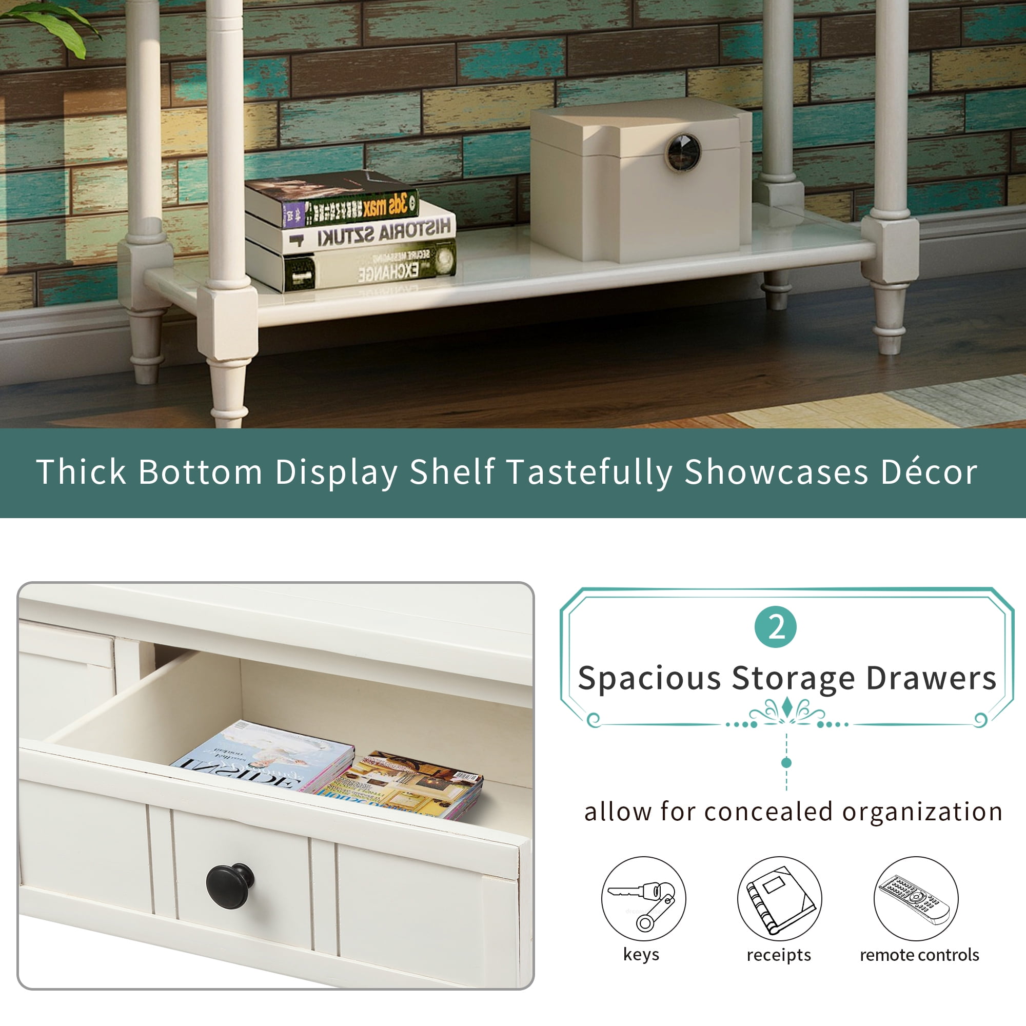 Wooden Console Table with 2 Drawers and Storage Shelf, Sofa Table Entryway Table Side Desk TV Stand for Living Room Hallway,Ivory White