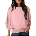 thumbnail image 2 of Blmnix Office Blouses for Women Teachers Pink 3/4 Sleeve Smocked Dress Blouses for Women Crew Neck Blouse, 2 of 7