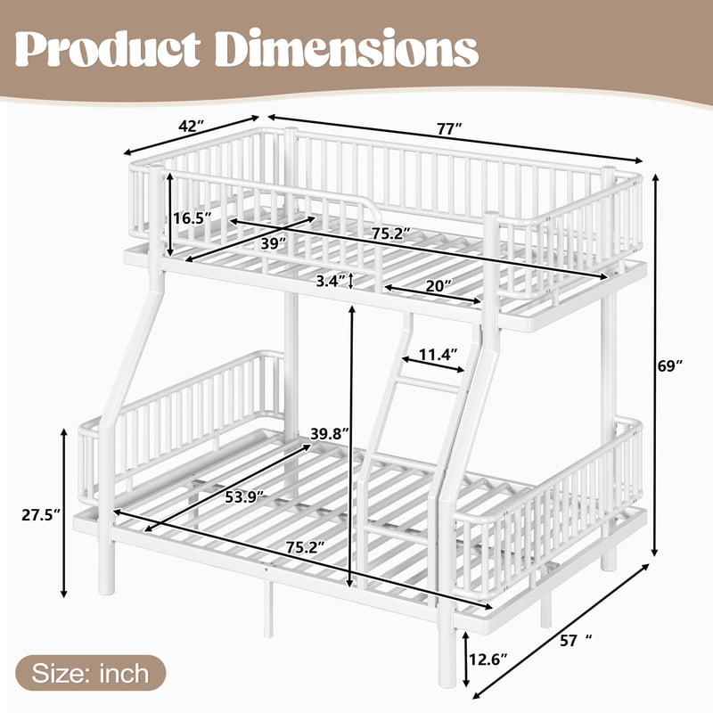 Twin-over-Full Teens Bunk Bed Can Transformed into 2 Platform Beds, Metal Kids Bed Frame with Round-Pipe, Ladder & Guardrails