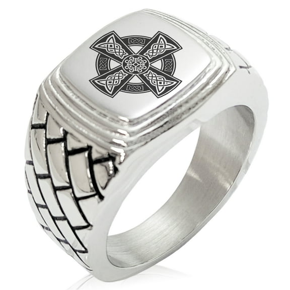 Stainless Steel Celtic Cross Rune Knot Geometric Pattern Step-Down Biker Style Polished Ring