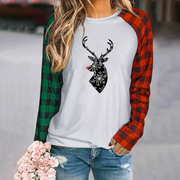 ICHUANYI Liquidación Moda Mujer Cuello redondo Camiseta de manga larga Estampado Blusa suelta Tops ICHUANYI WER202308230236