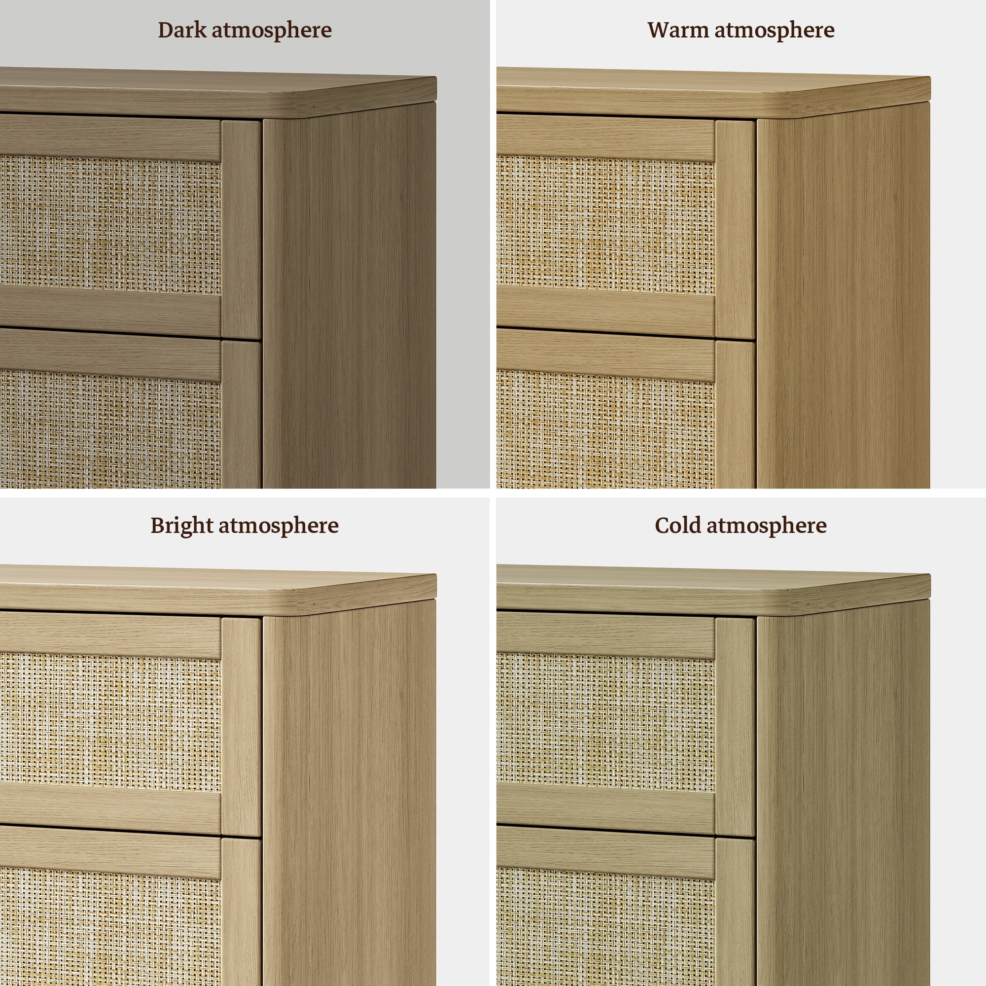 SICOTAS 53.6" Wide 6 Drawer Modular Rattan Dresser for Bedroom, Long Modern Chest of Drawers with Pop-Up Drawers%& Unique Rattan Design, Amber Oak