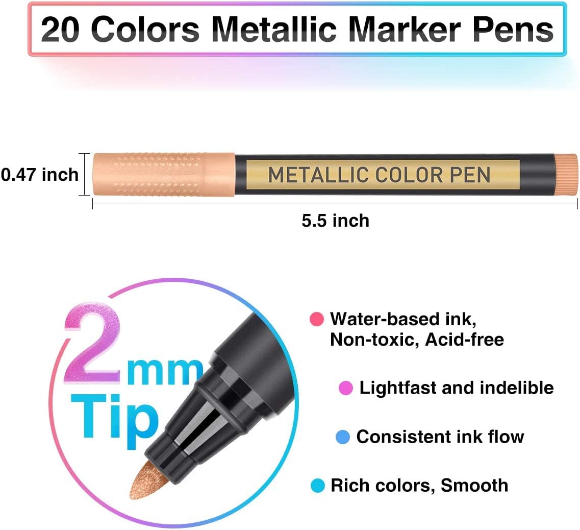 Metallic Paint Markers, 20 Colors Paint Pen Craft Markers for Art, Rock Painting, Photo Albums, Scrapbooking, Black Paper, Mug, Wood, Easter Eggs, Drawing & Adult Art Supplies