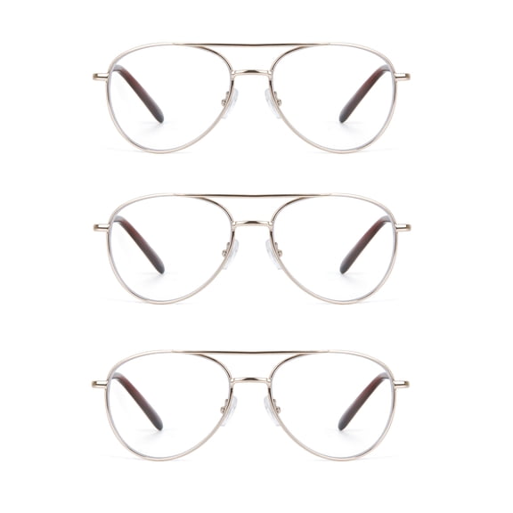 EYE ZOOM 3 Pack Metal Frame Aviator Style Reading Glasses with Spring Hinge (Gold, Strength: 2.75)