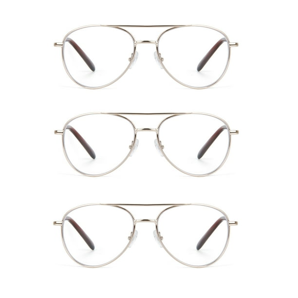 EYE ZOOM 3 Pack Metal Frame Aviator Style Reading Glasses with Spring