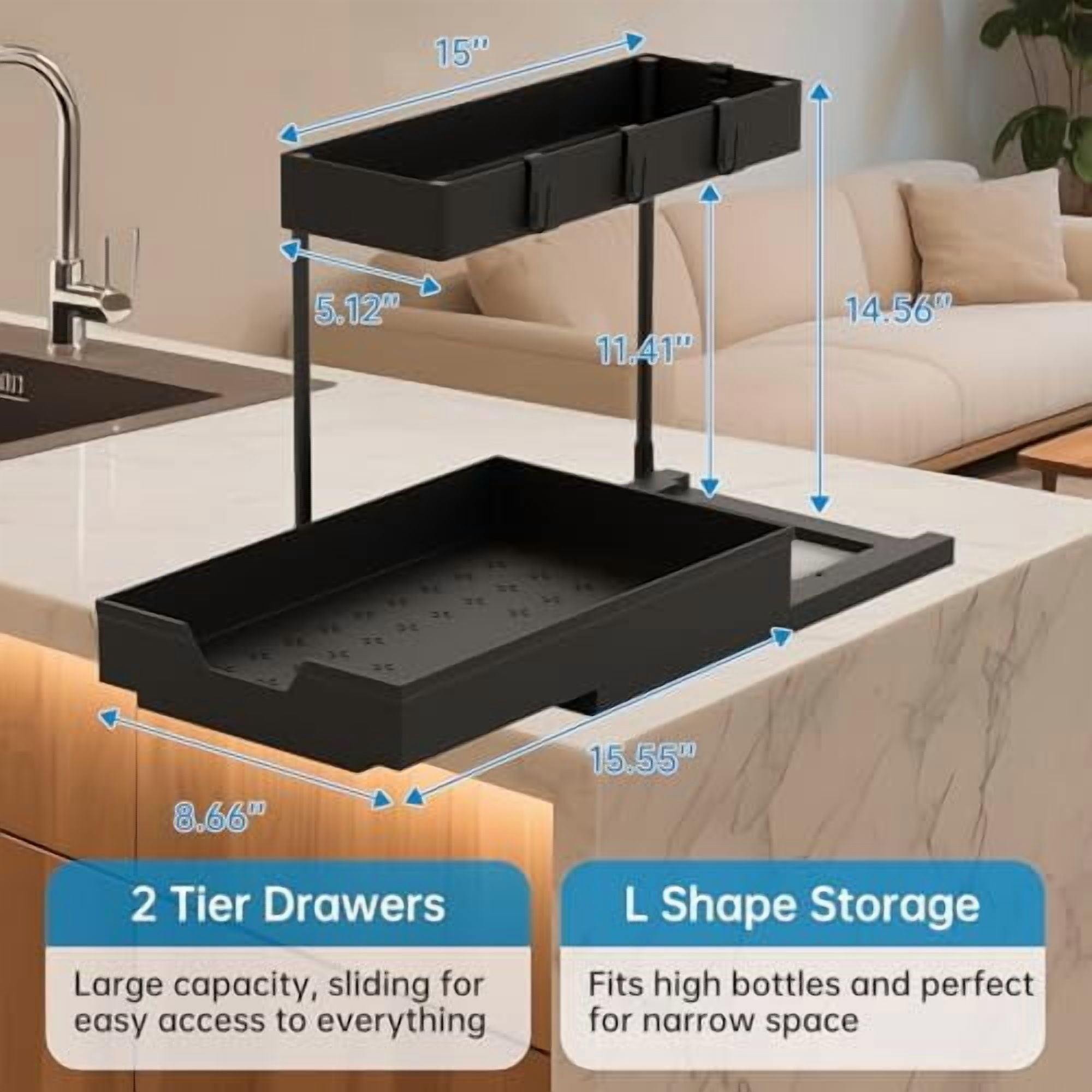 2 Pack Under Sink Organizer 2 Tier Sliding Cabinet Organizers Multi-Purpose Sink Storage Basket L-Shape Narrow Space Storage Shelves with 4 Hook for Kitchen Bathroom Drawer, Black