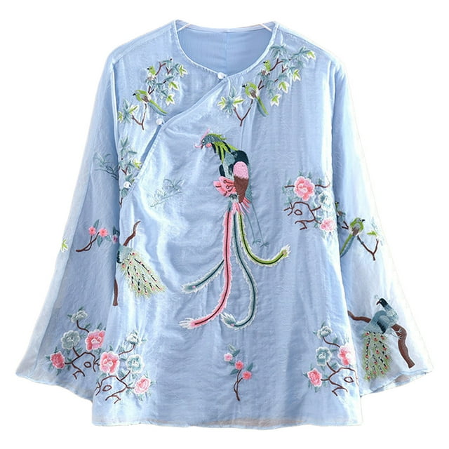 Camisetas bordadas de manga larga para mujer Blusas Étnicas Florales Pájaros Túnica Tops, Ropa Tradicional