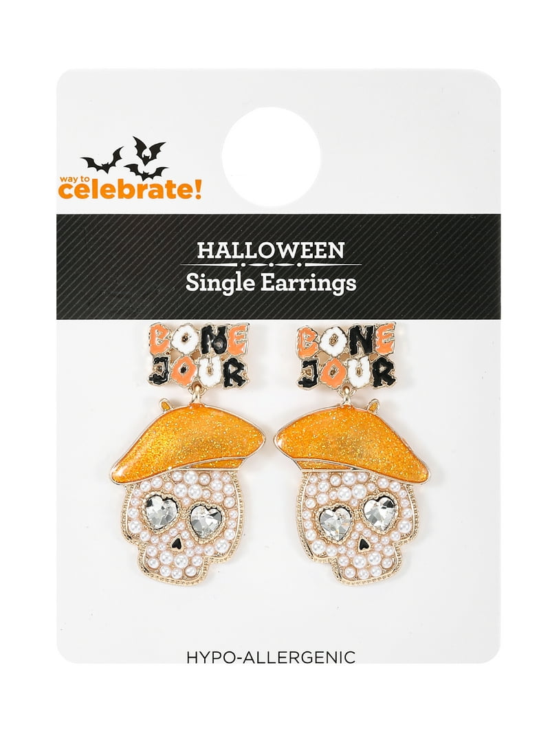 Spooky Pirate Skull Earrings - Acrylic Halloween Dangle Earrings With Pumpkin & Witch Hat Design