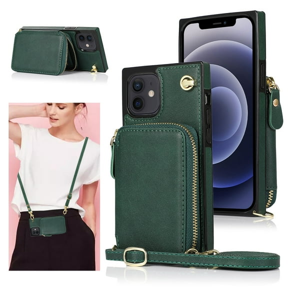 iPhone 12 Wallet Case, iPhone 12 Pro Case, Dteck Zipper Crossbody Phone Case with Card Holder Wrist Strap Purse Cover Compatible with iPhone 12 Pro / iPhone 12 6.1 inch, Deep Green