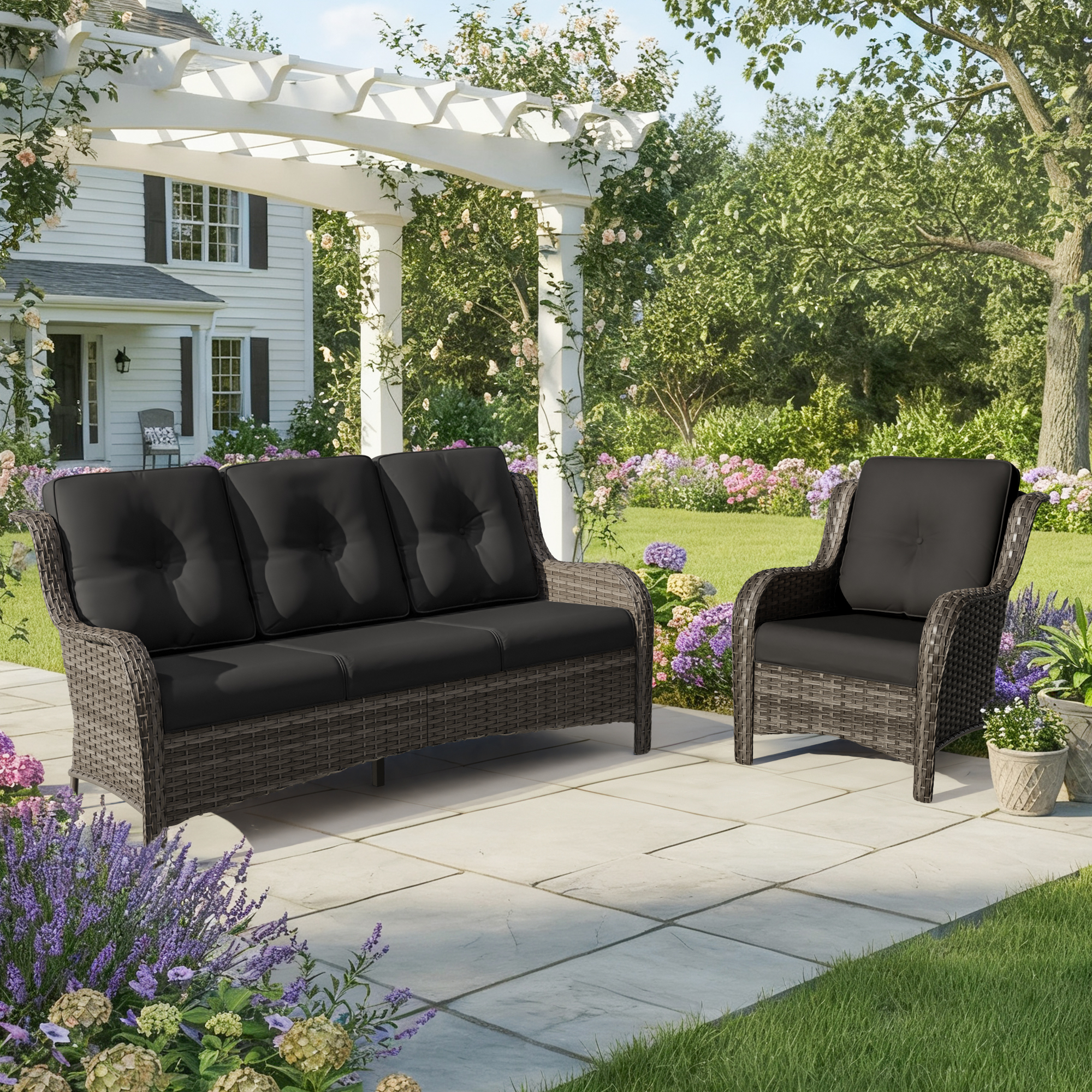 MeetLeisure 4 Inch Outdoor Cushions, Suitable for Patio Furniture, Water-Resistant & Fade-Resistant, 3 Sets, Black