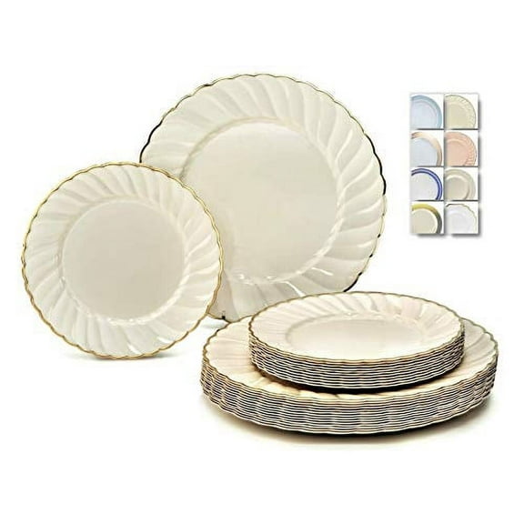 " OCCASIONS " 120 Plates Pack,(60 Guests) Premium Vintage Wedding Party Disposable Plastic Plates Set -60 x 10.25'' Dinner 60 x 7.5'' Salad / Dessert(Blossom Ivory / Gold)