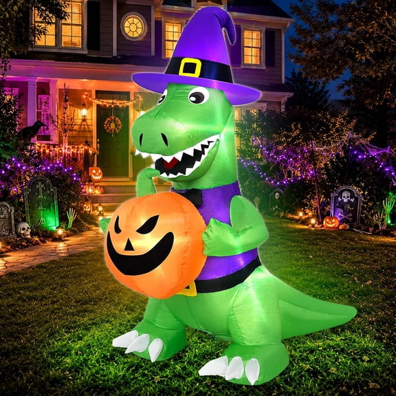 Halloween Inflatable Witch Dinosaur Holding Pumpkin Blow‑Up Decoration with Built‑in LEDs for Yard Party Indoor Outdoor