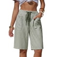 thumbnail image 3 of Dwellite Women's Striped Bermuda Shorts Casual Drawstring Elastic Waist Summer Vacation Beach Shorts with Pockets Mint Green M, 3 of 5