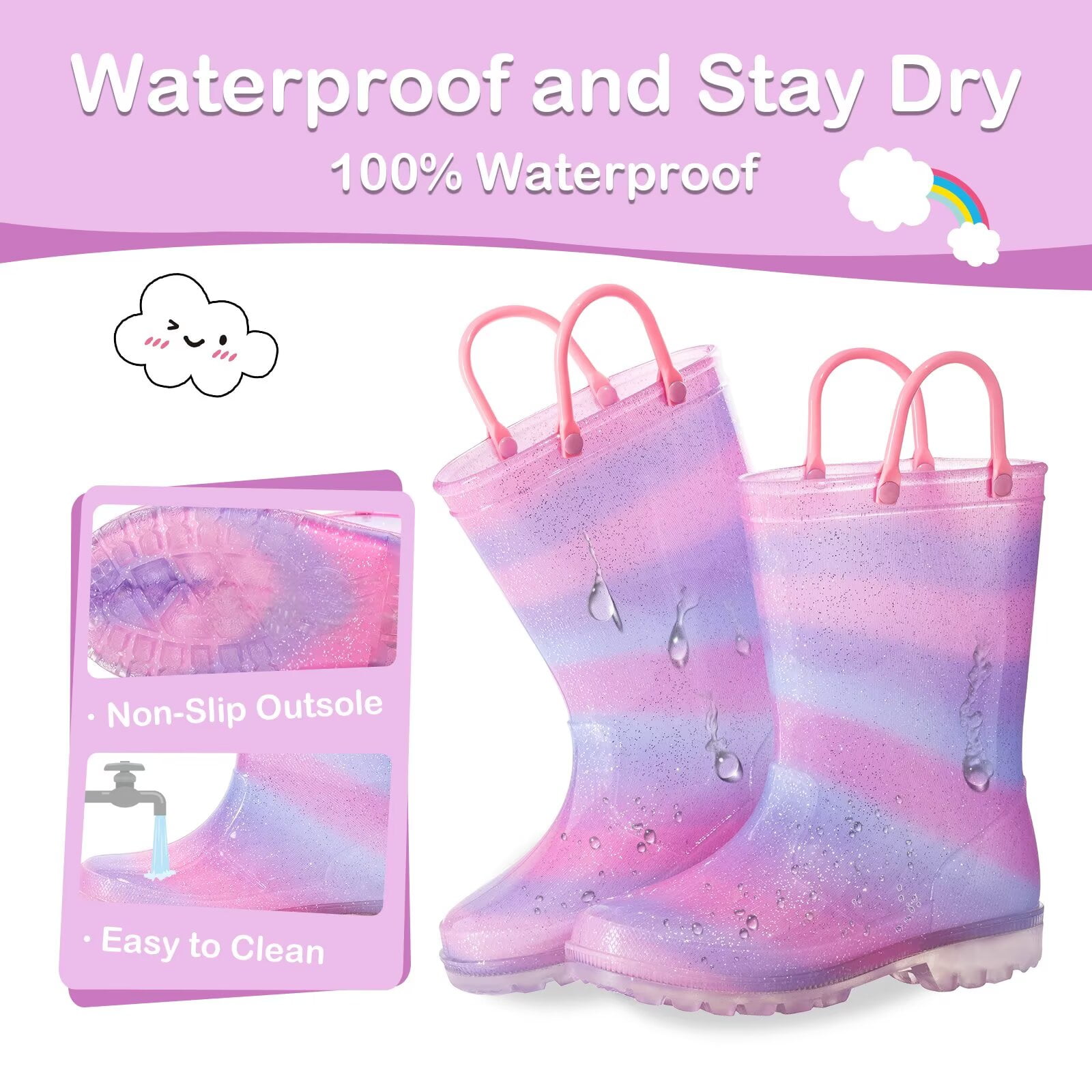 Toddler Kids Rain Boots Girls Light Up Waterproof Boots with Handles, Pinkish Purple, Size 11