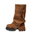 thumbnail image 2 of Women's Slouchy Mid Calf Boots Faux Suede Buckle Side Zipper Platform Lug Sole Retro Casual Combat Boots, 2 of 10