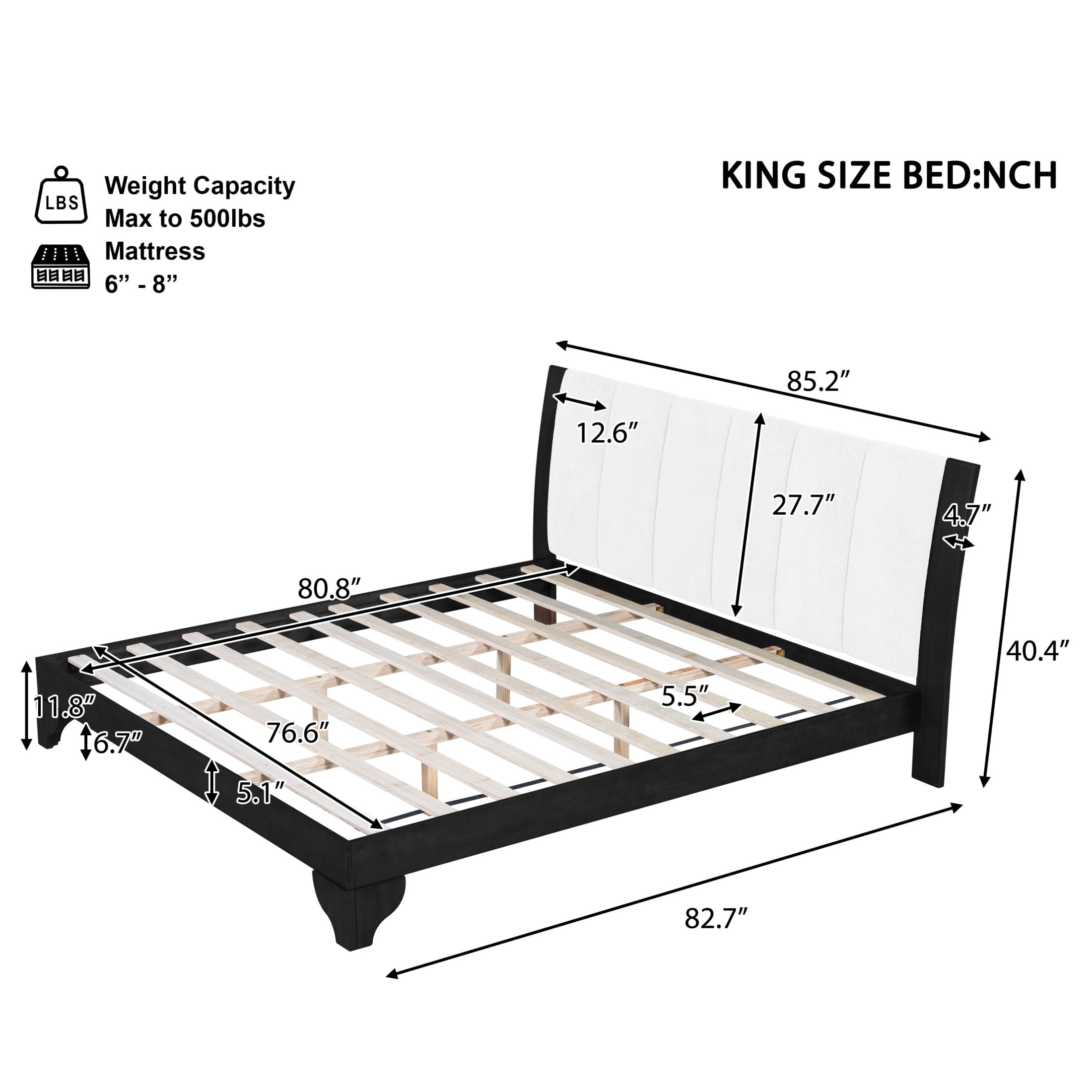 Christopher Knight Home Premium Pine Wood King Bed Frame with Headboard, Mid-Century Modern Design, Black+White