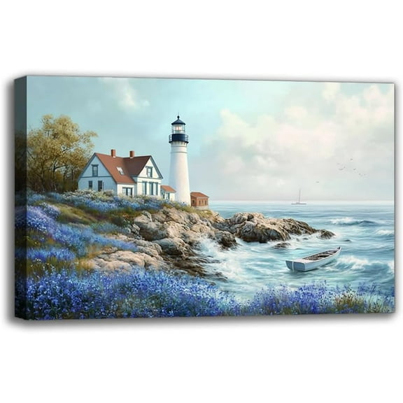 Lighthouse and Seascape Canvas Wall Art Prints - Nautical Theme Framed Coastal Landscape Painting Wall Decor for Living Room Bedroom Bathroom, Unique Art Gifts for Room Decoration (30W" X 20L")