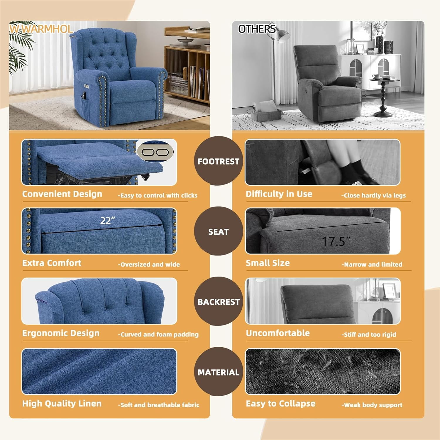 Power Swivel Rocking Glider Recliner Chair, Electric Nursery Reclining Sofa Chair with Heat and Massage, Wingback Tufted Upholstered Recliner for Living Room, USB and Type-C Ports, Blue